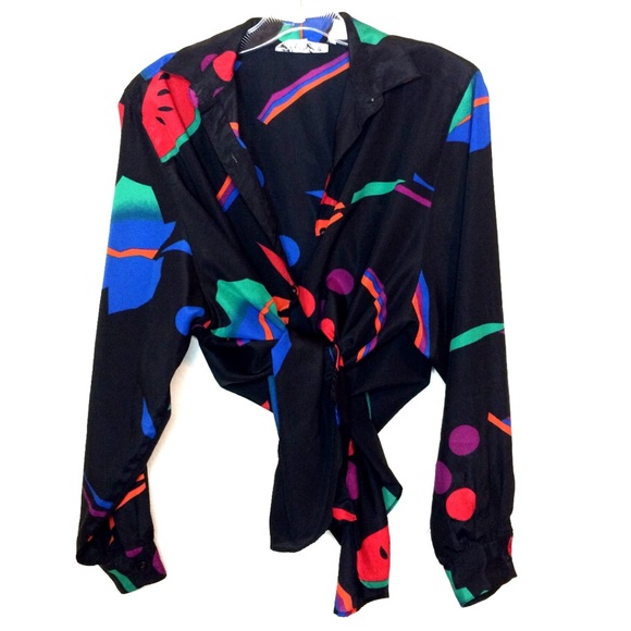 Bright oversized button down shirt vintage silky blouse abstract print dress top - Picture 4 of 8